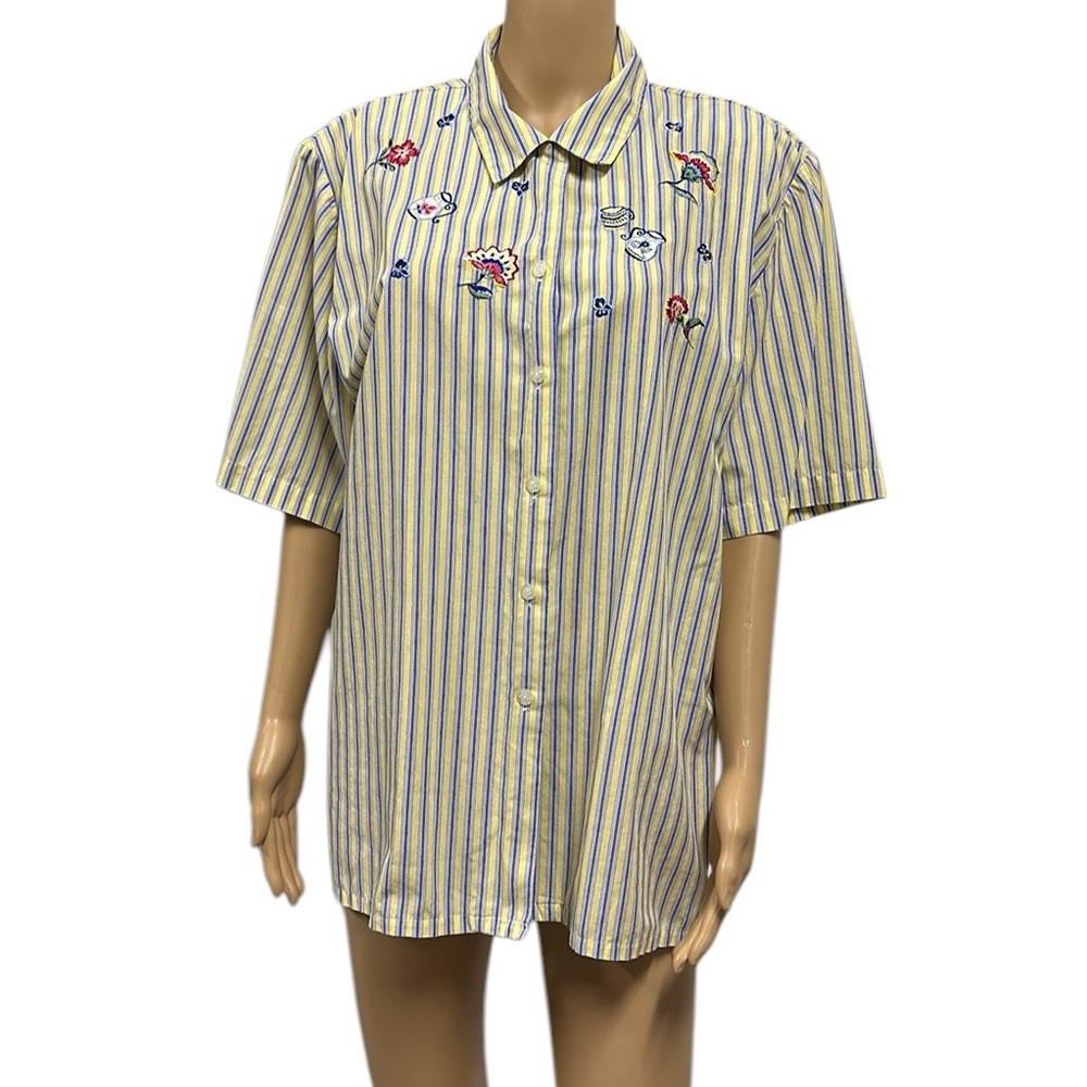 Vintage Napa Valley Embroidered Short Sleeve Button Up Blouse Striped Shirt XL